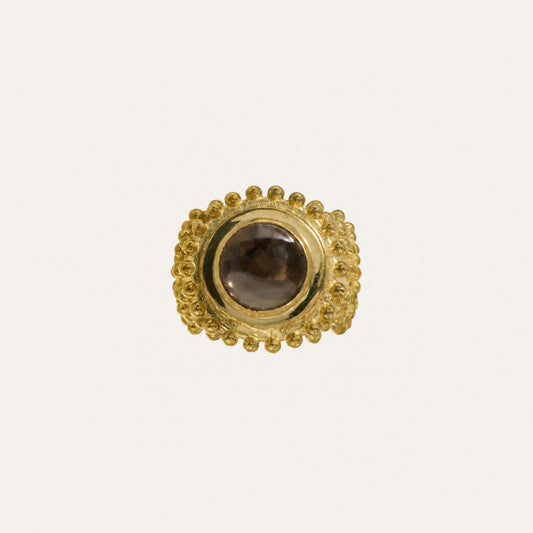 Bague boule et pierre ronde cabochon Quartz fumé - Polka