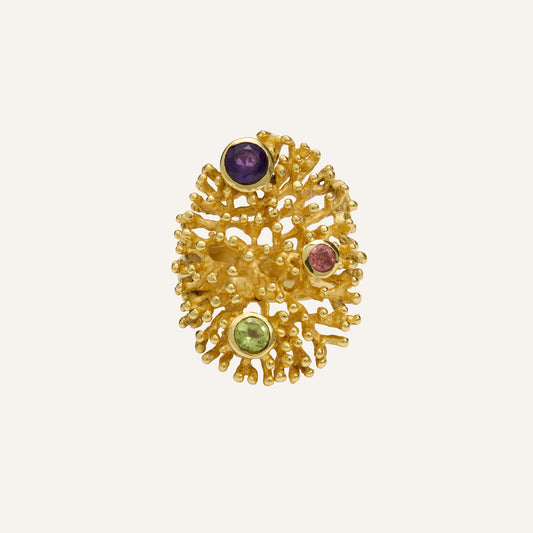 Bague forme corail & multi pierres Améthyste/Péridot/Tourmaline rose - Corail