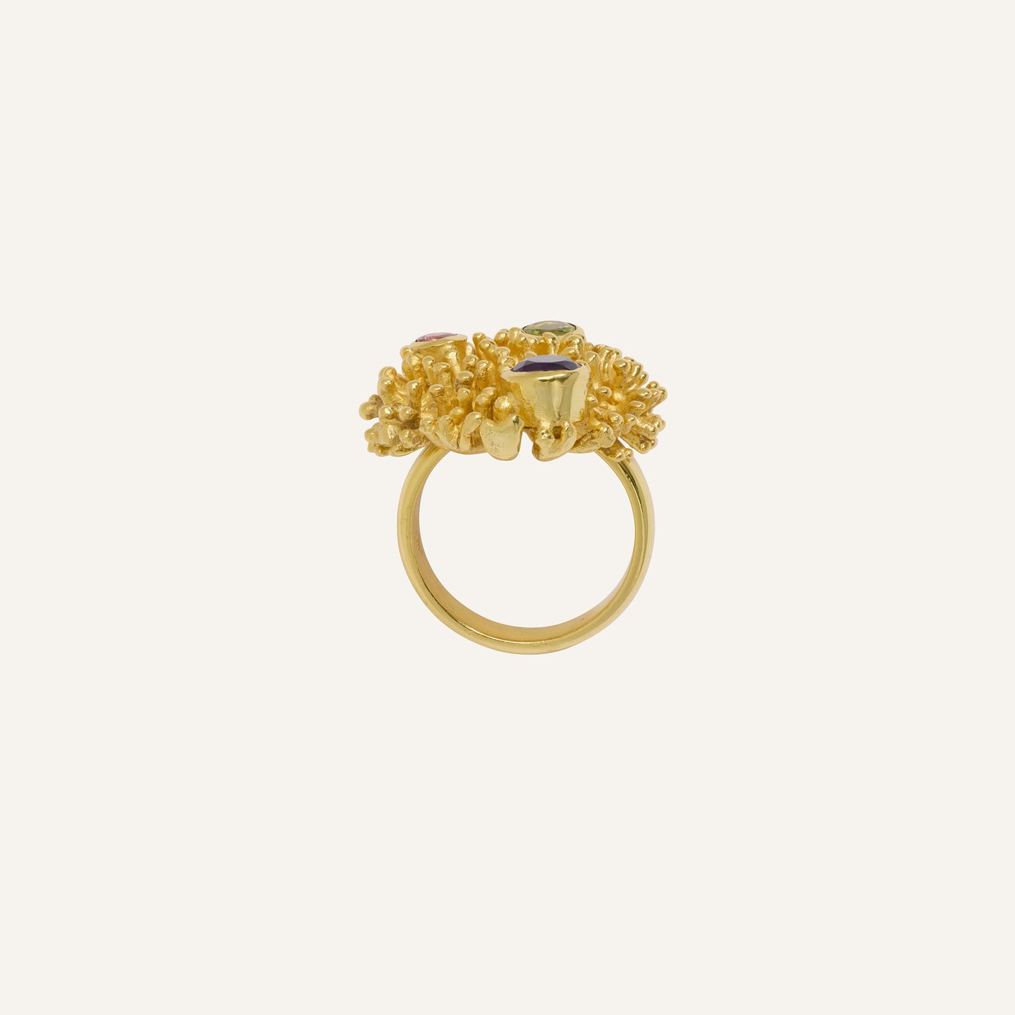 Bague forme corail & multi pierres Améthyste/Péridot/Tourmaline rose - Corail