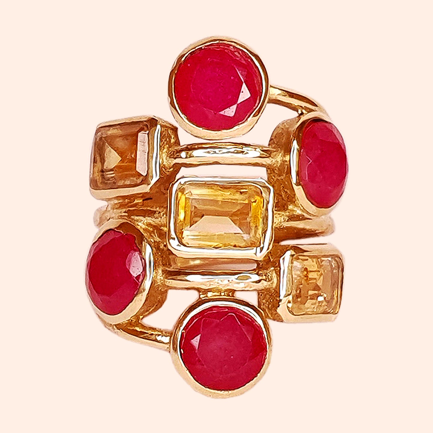 Bague dorée à l'or fin et pierres Citrine dorée et Rubis rose - Louisa