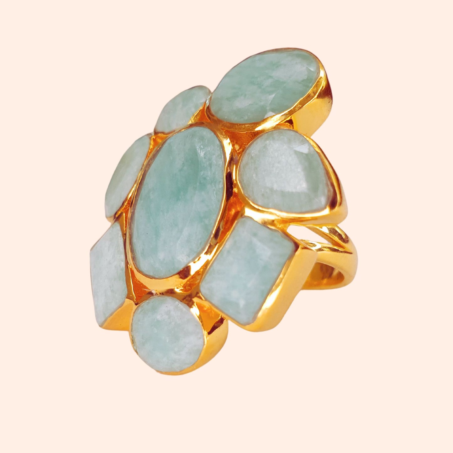 Bague cocktail fleur en plaqué or et Amazonite - Marguerite