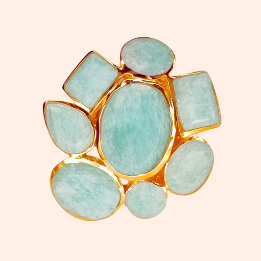 Bague cocktail fleur en plaqué or et Amazonite - Marguerite