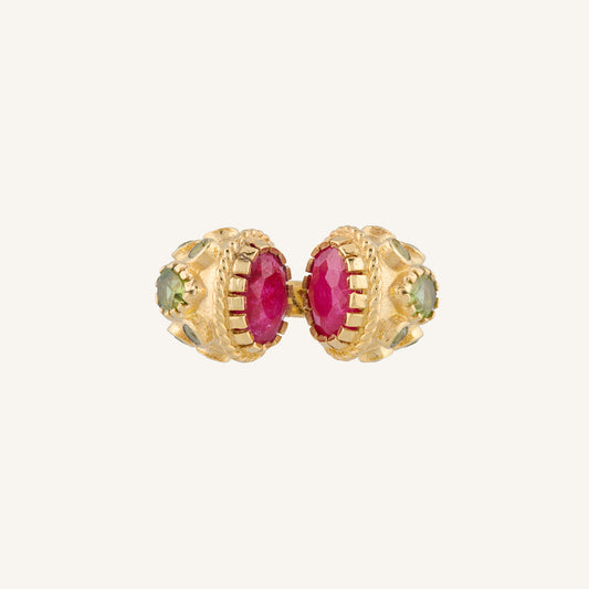 Bague ouverte pierre Rubis rose/Péridot - Asté