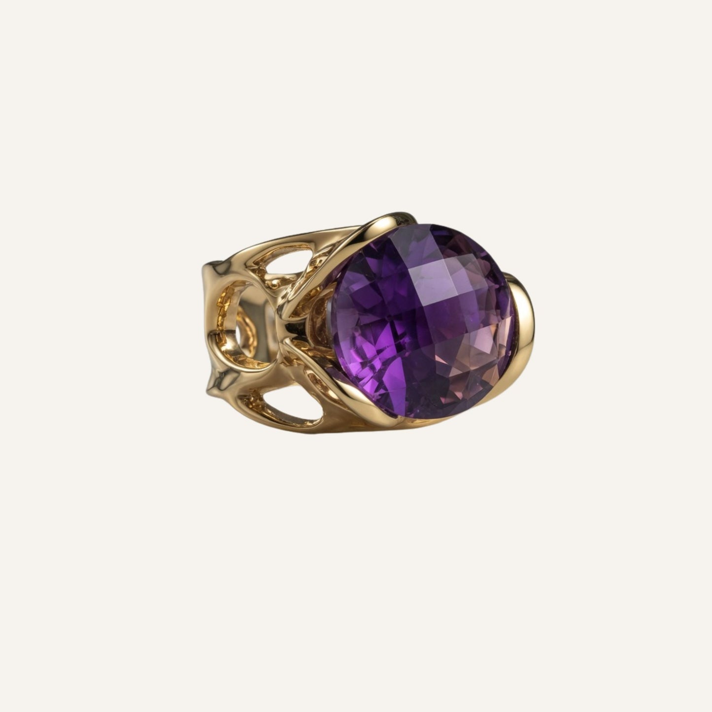 Bague sculpturale en laiton doré avec grosse pierre Améthyste - Big Eye