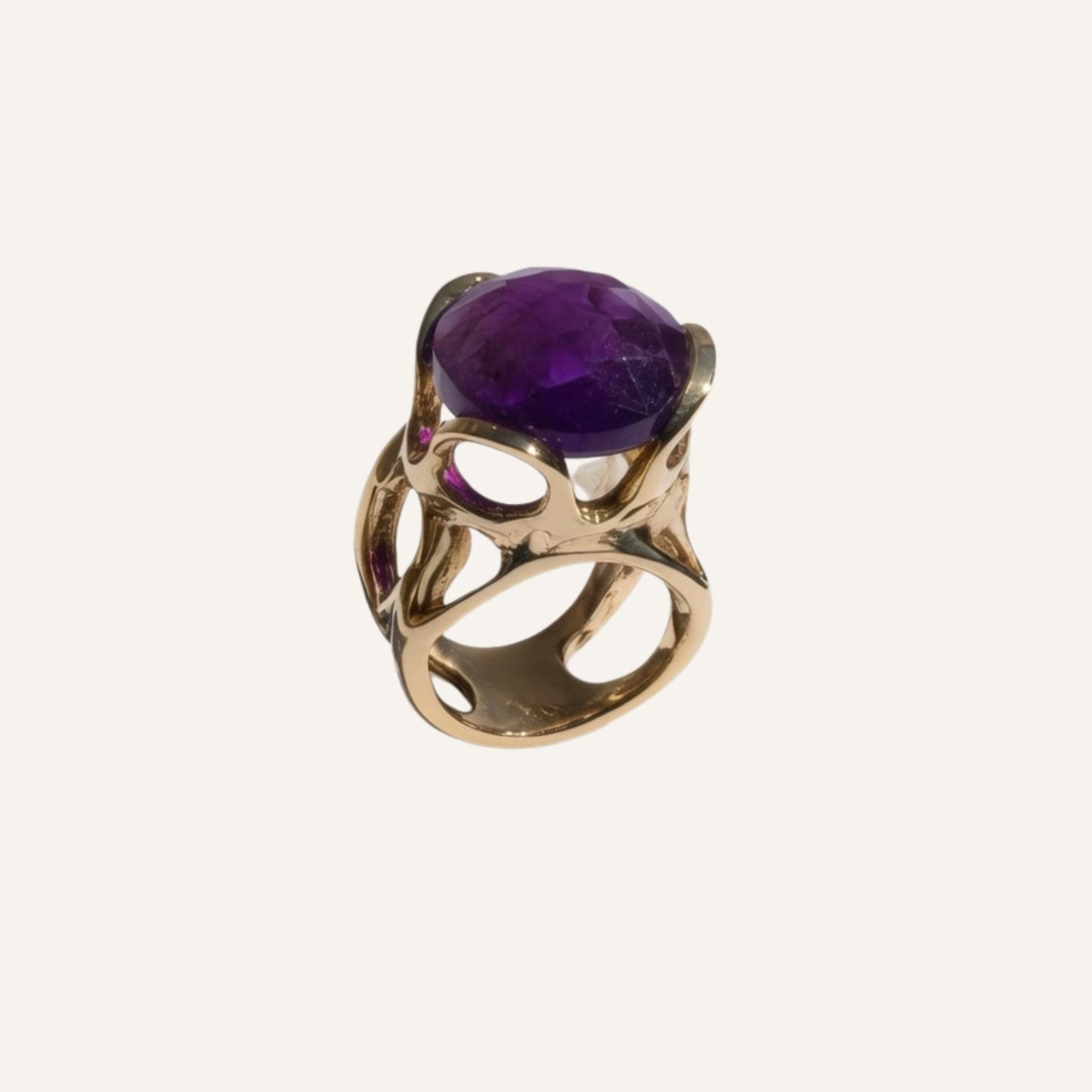 Bague sculpturale en laiton doré avec grosse pierre Améthyste - Big Eye