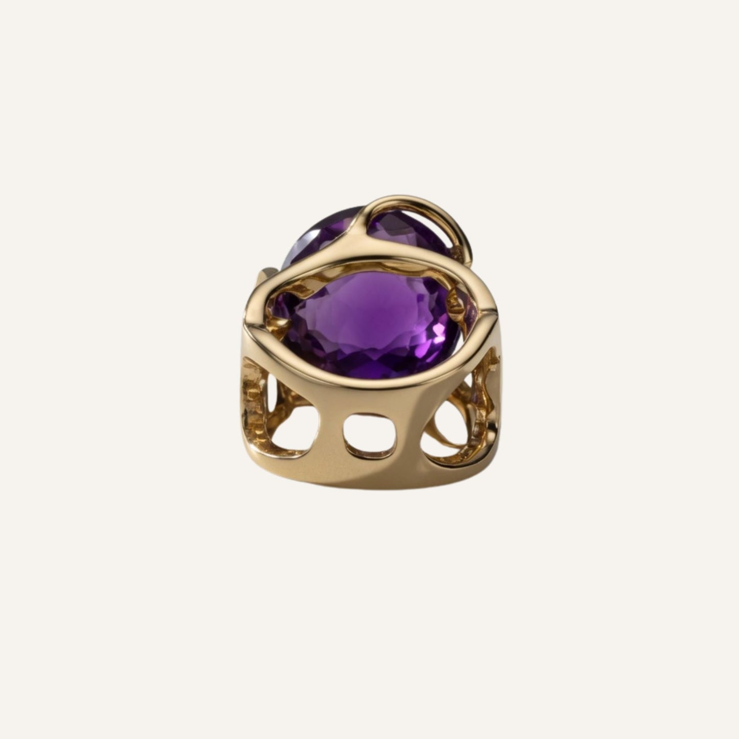 Bague sculpturale en laiton doré avec grosse pierre Améthyste - Big Eye