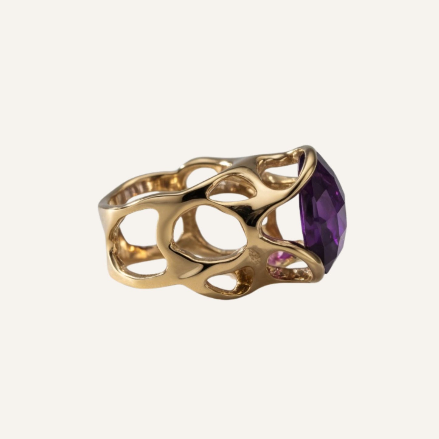 Bague sculpturale en laiton doré avec grosse pierre Améthyste - Big Eye