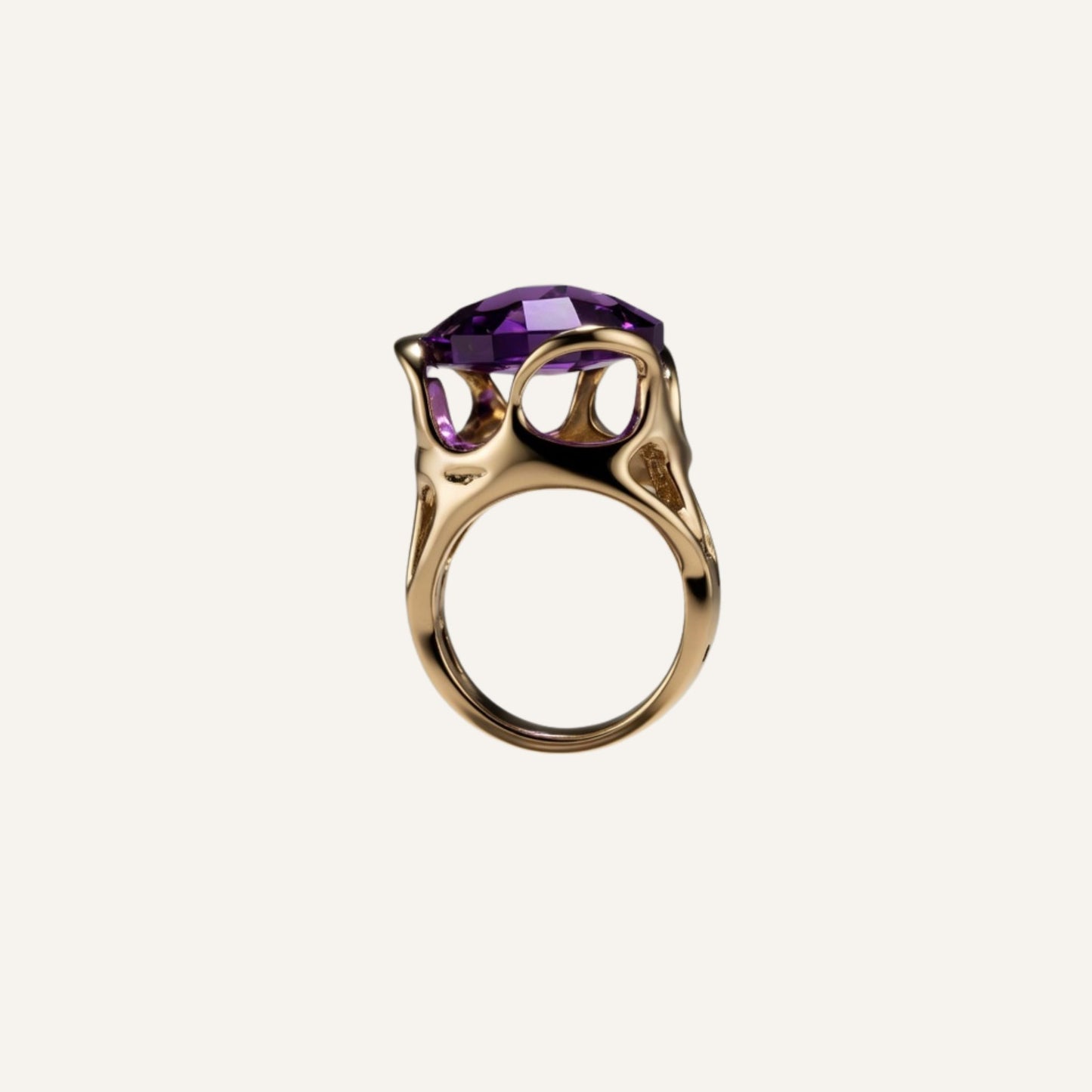 Bague sculpturale en laiton doré avec grosse pierre Améthyste - Big Eye