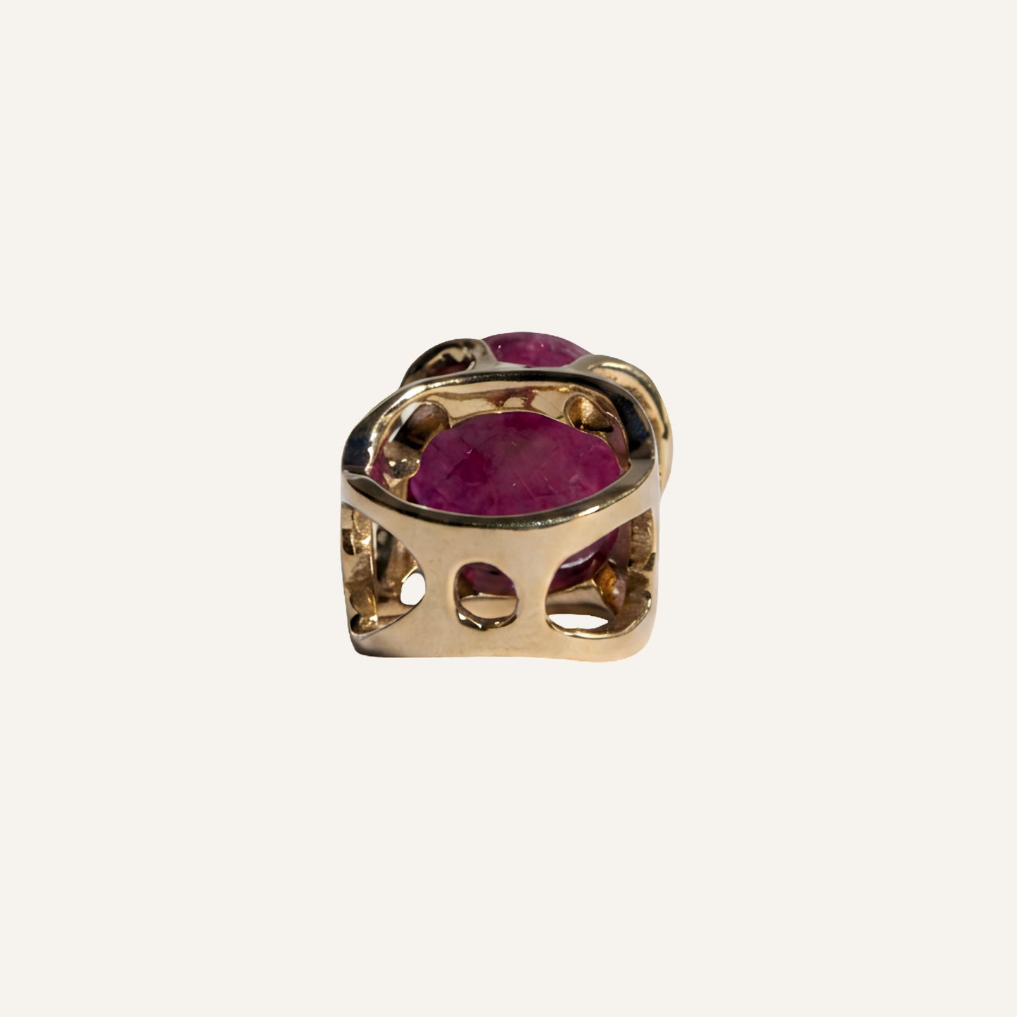Bague sculpturale en laiton doré avec grosse pierre Rubis rose - Big Eye