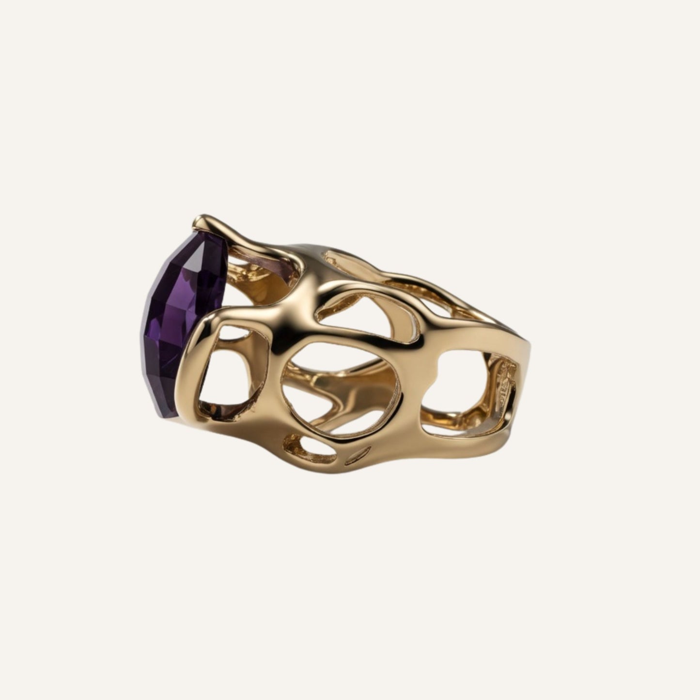 Bague sculpturale en laiton doré avec grosse pierre Améthyste - Big Eye