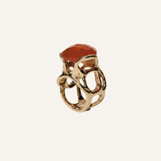 Bague sculpturale en laiton doré avec grosse pierre Cornaline - Big Eye