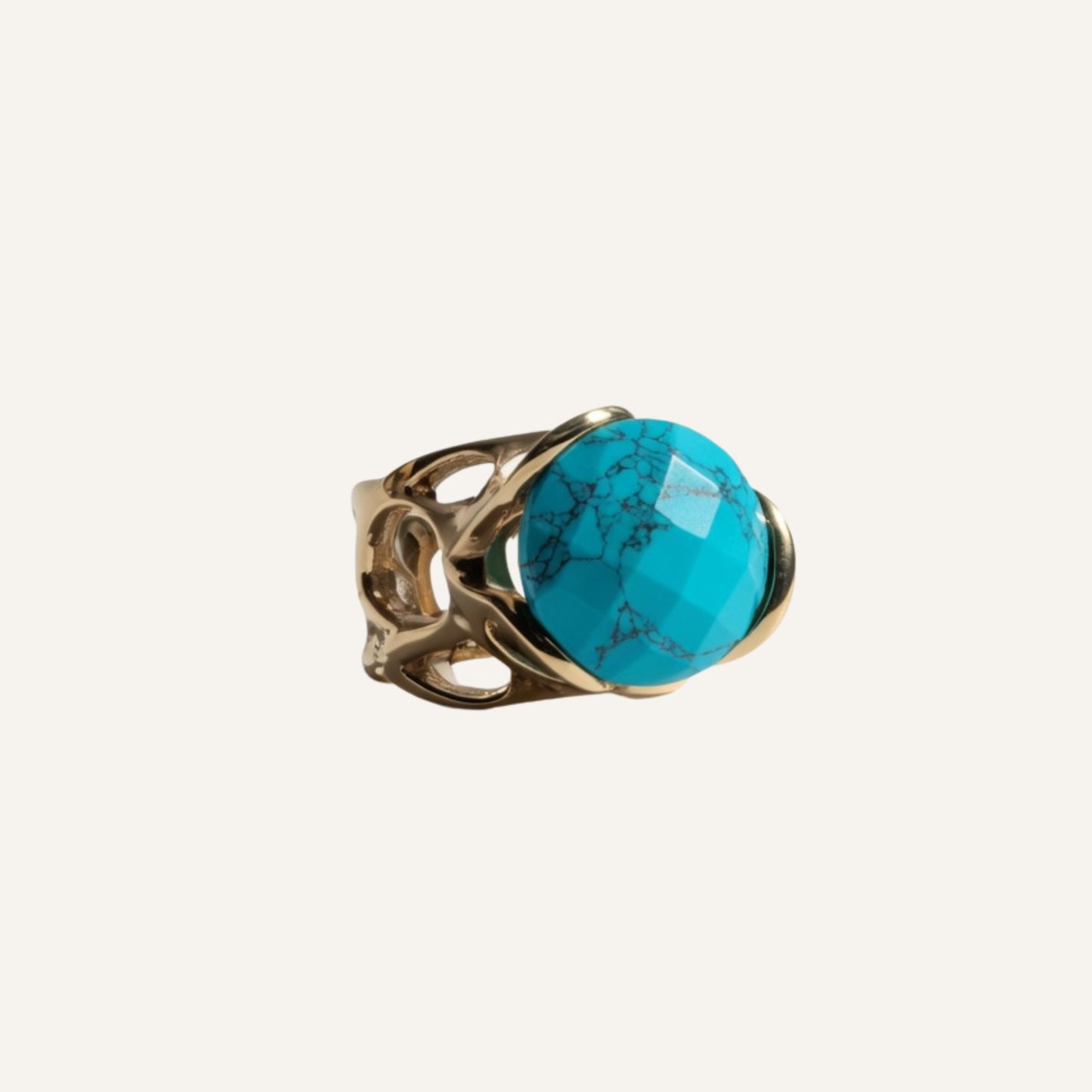Bague sculpturale en laiton doré avec grosse pierre Turquoise - Big Eye