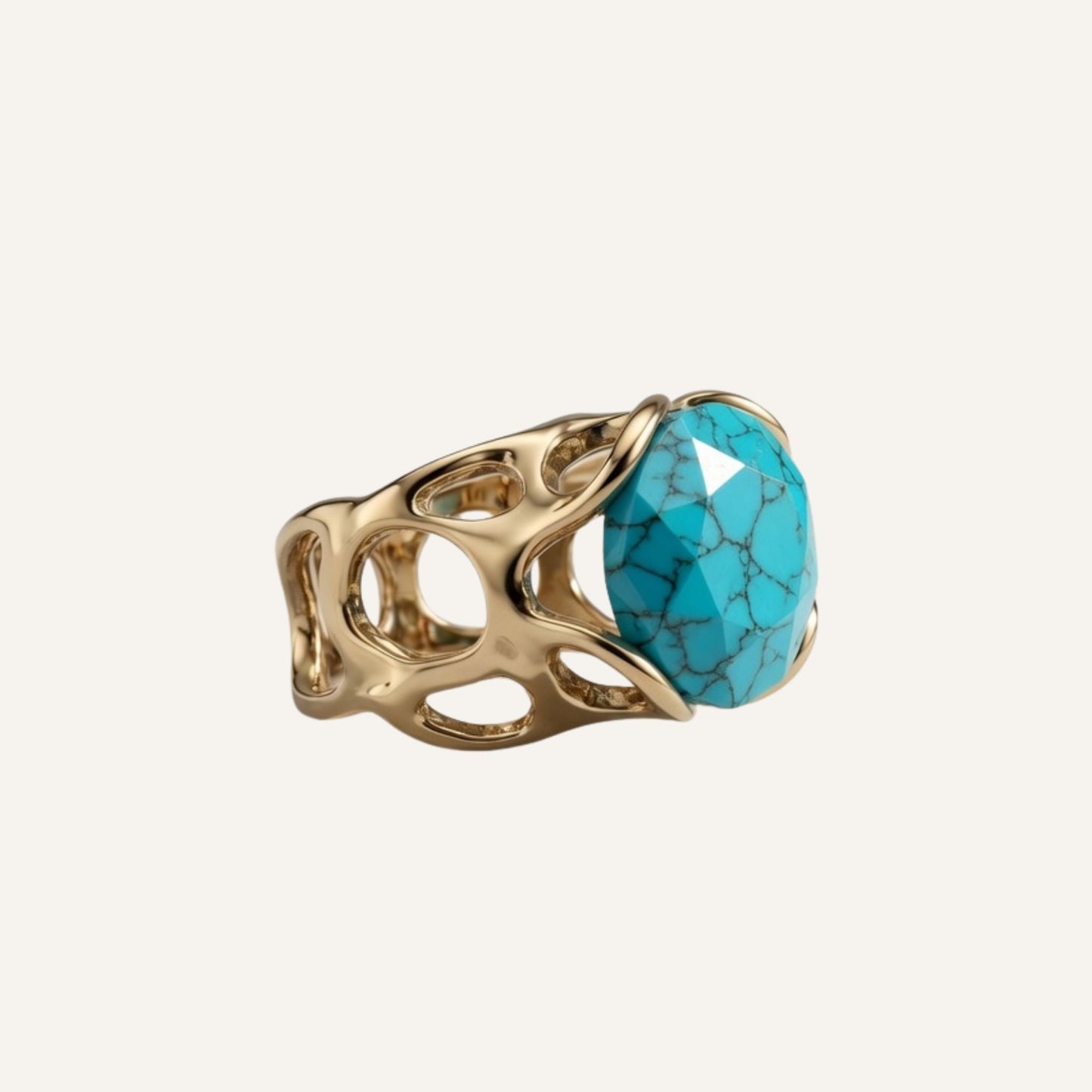 Bague sculpturale en laiton doré avec grosse pierre Turquoise - Big Eye