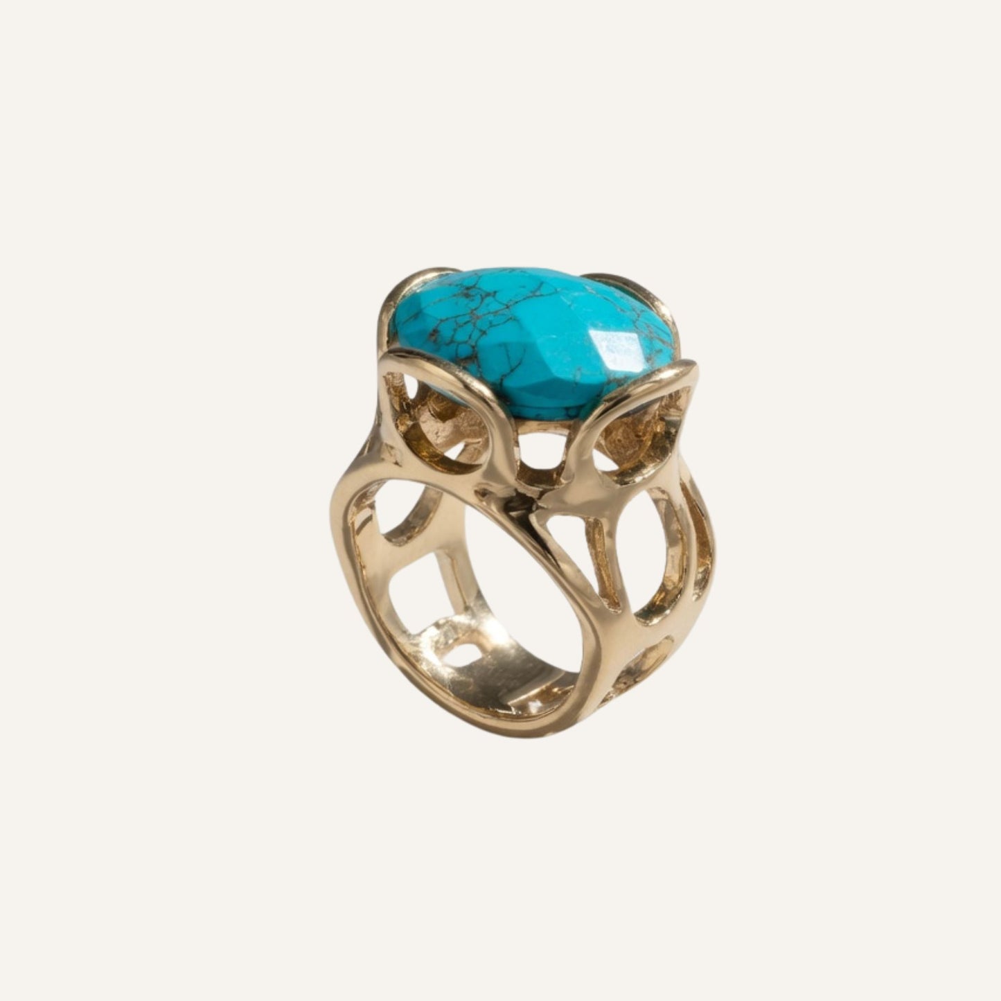 Bague sculpturale en laiton doré avec grosse pierre Turquoise - Big Eye