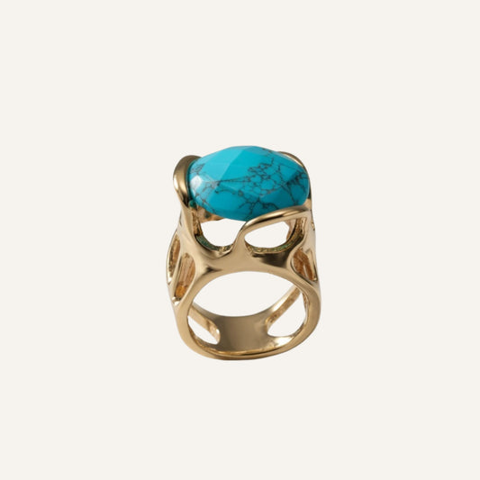 Bague sculpturale en laiton doré avec grosse pierre Turquoise - Big Eye