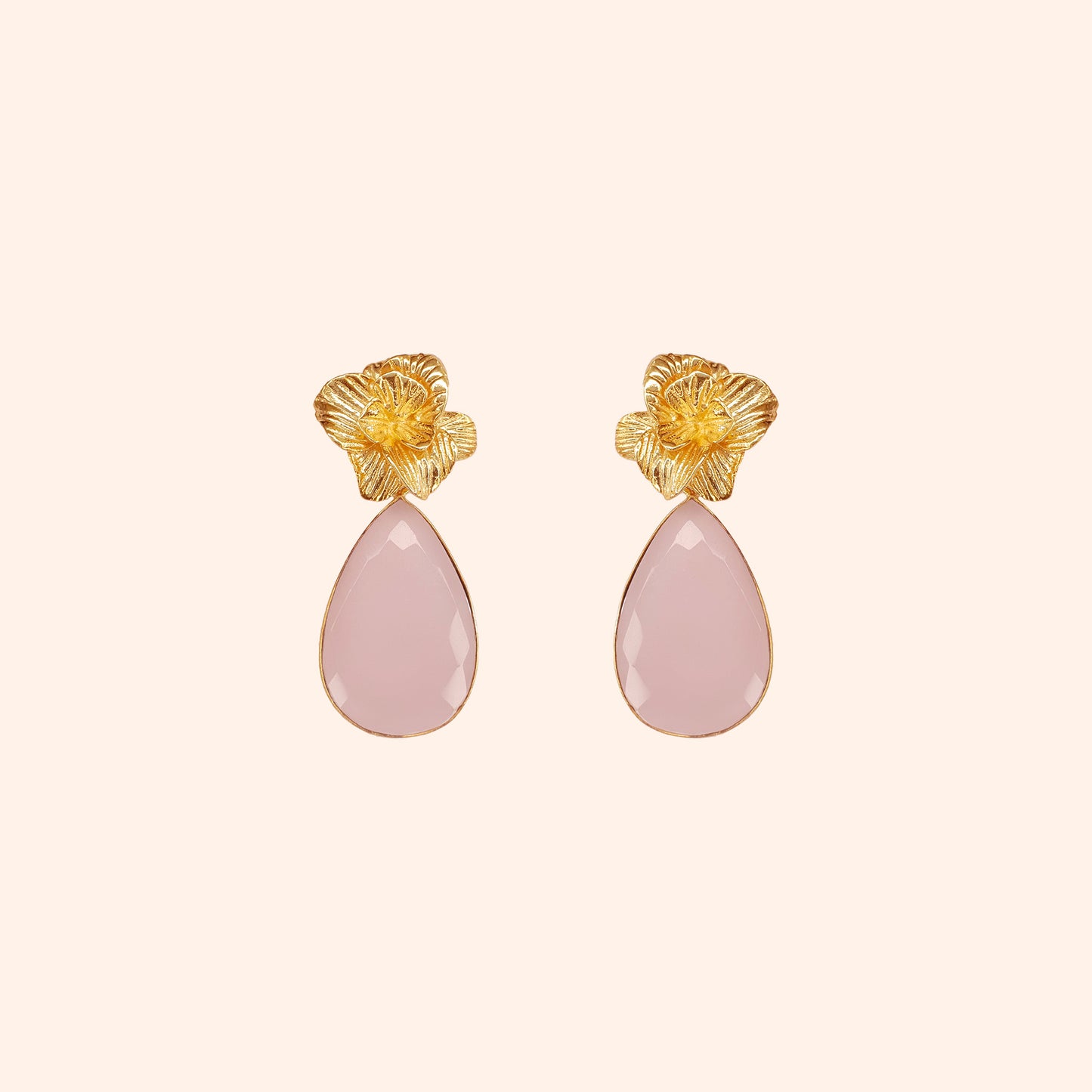 Boucles d'oreilles fleur de lotus doré et pendant amovible Quartz Rose - Lotus