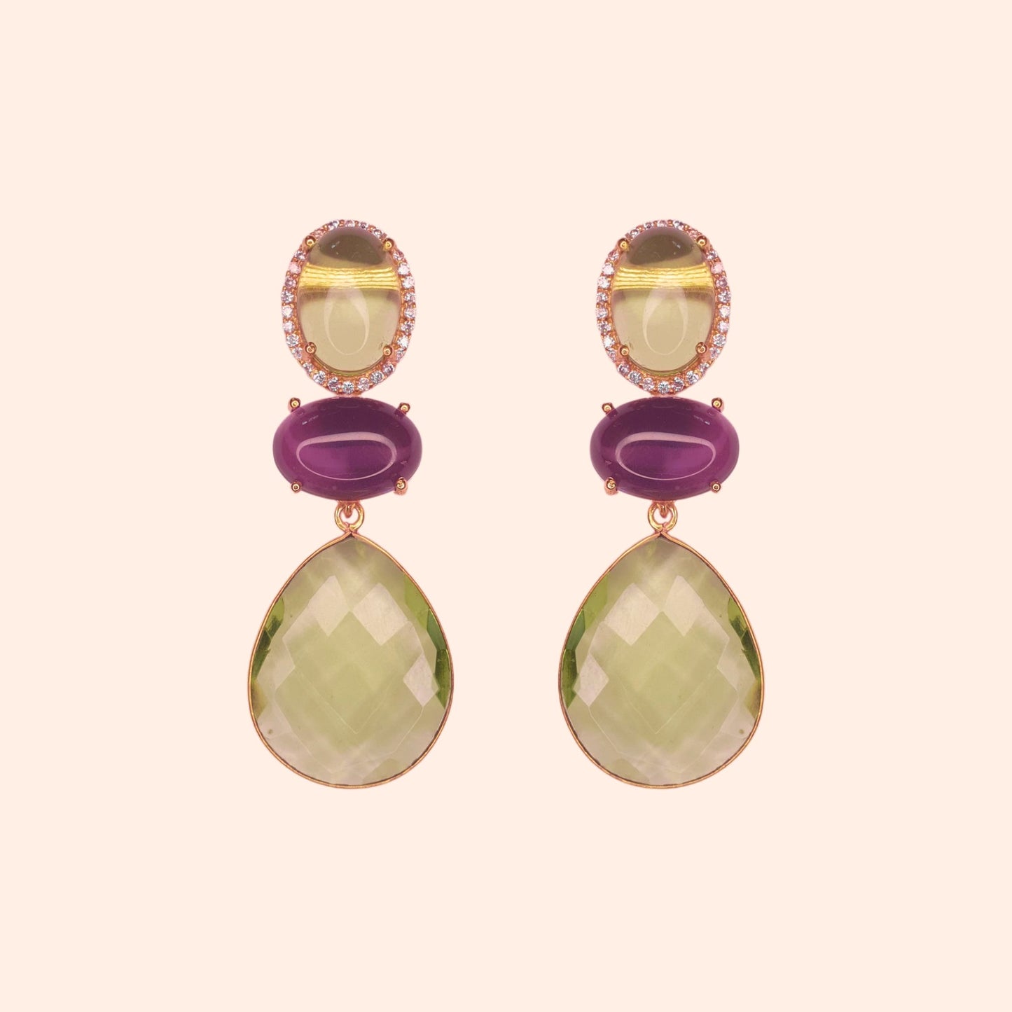 Boucles d'oreilles cristal et pendant amovible Vert/Violet - Leila