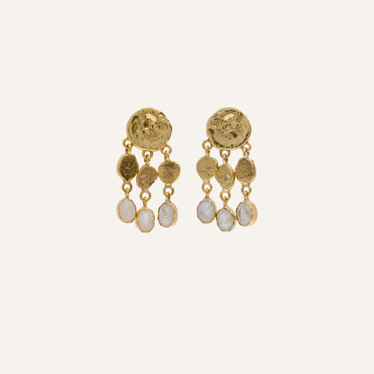 Boucles d'oreilles en laiton doré martelées et pendantes en Pierre de lune - Oria