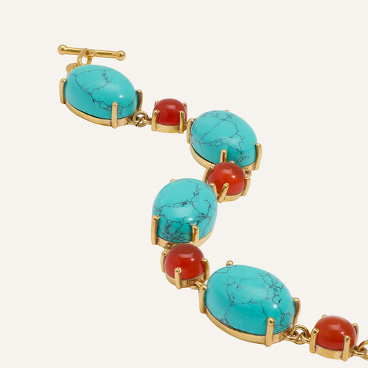 Bracelet pierres naturelles cabochon Turquoise et Cornaline - Kally