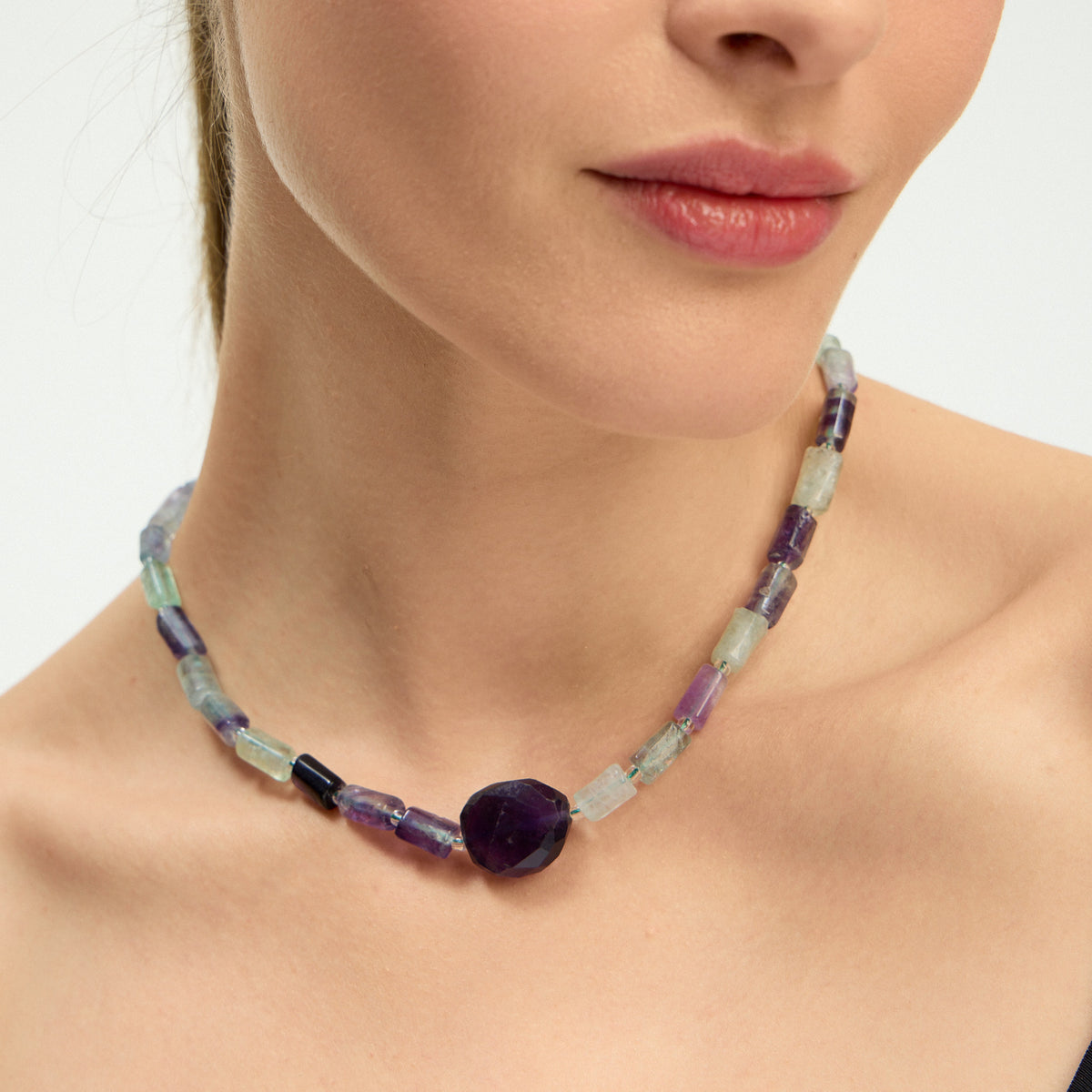 Collier Fluorite et Améthyste brute en pierres naturelles - Space