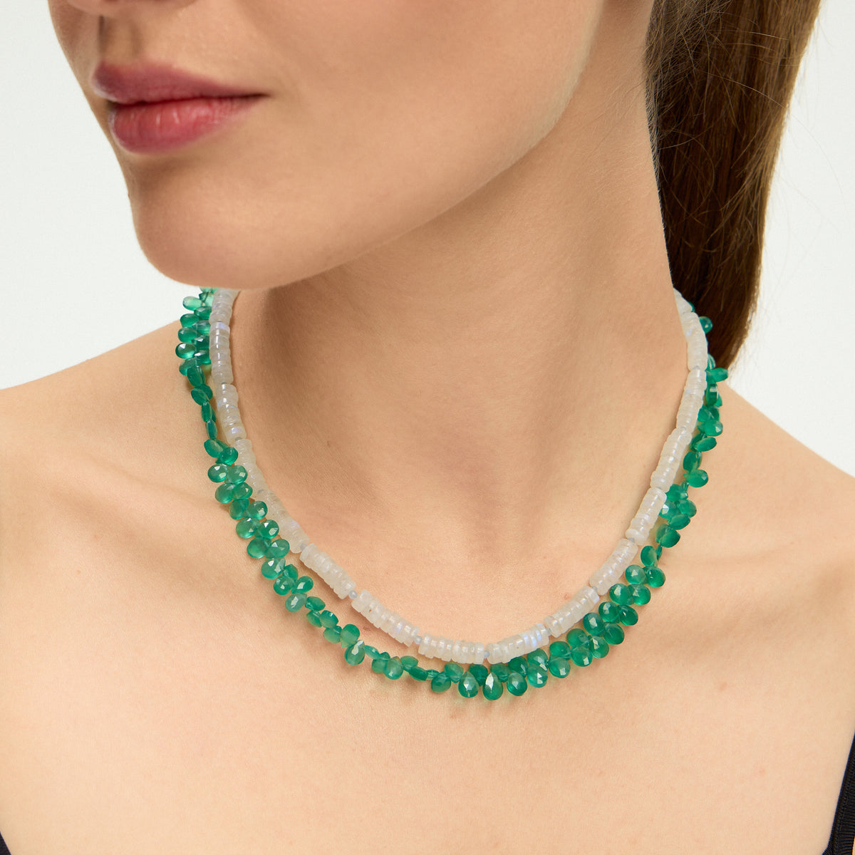 Collier double rang Onyx vert et Pierre de lune en pierres naturelles - Didi