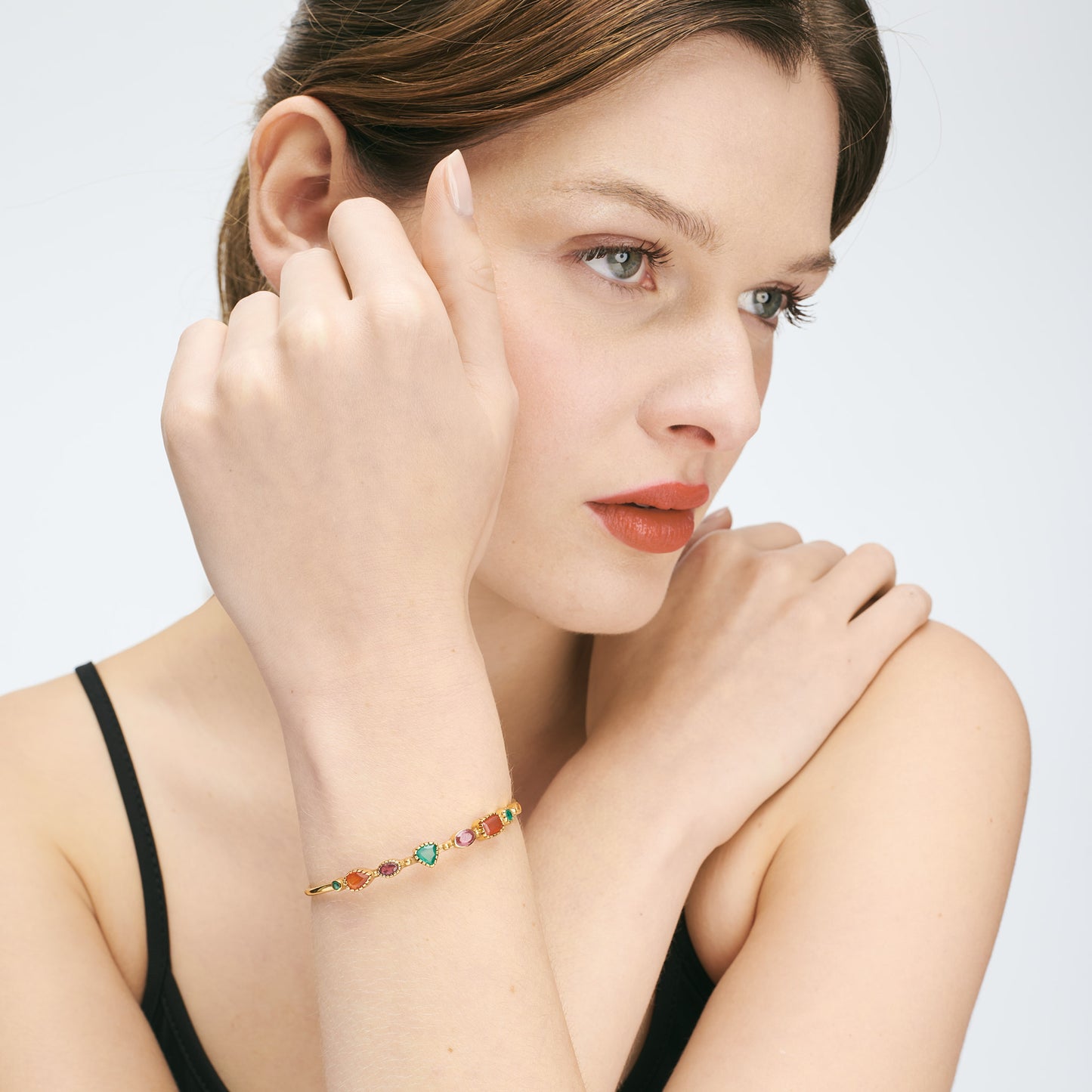 Bracelet Jonc Femme Pierres Fines Rubis rose/Onyx vert/Cornaline - Céleste