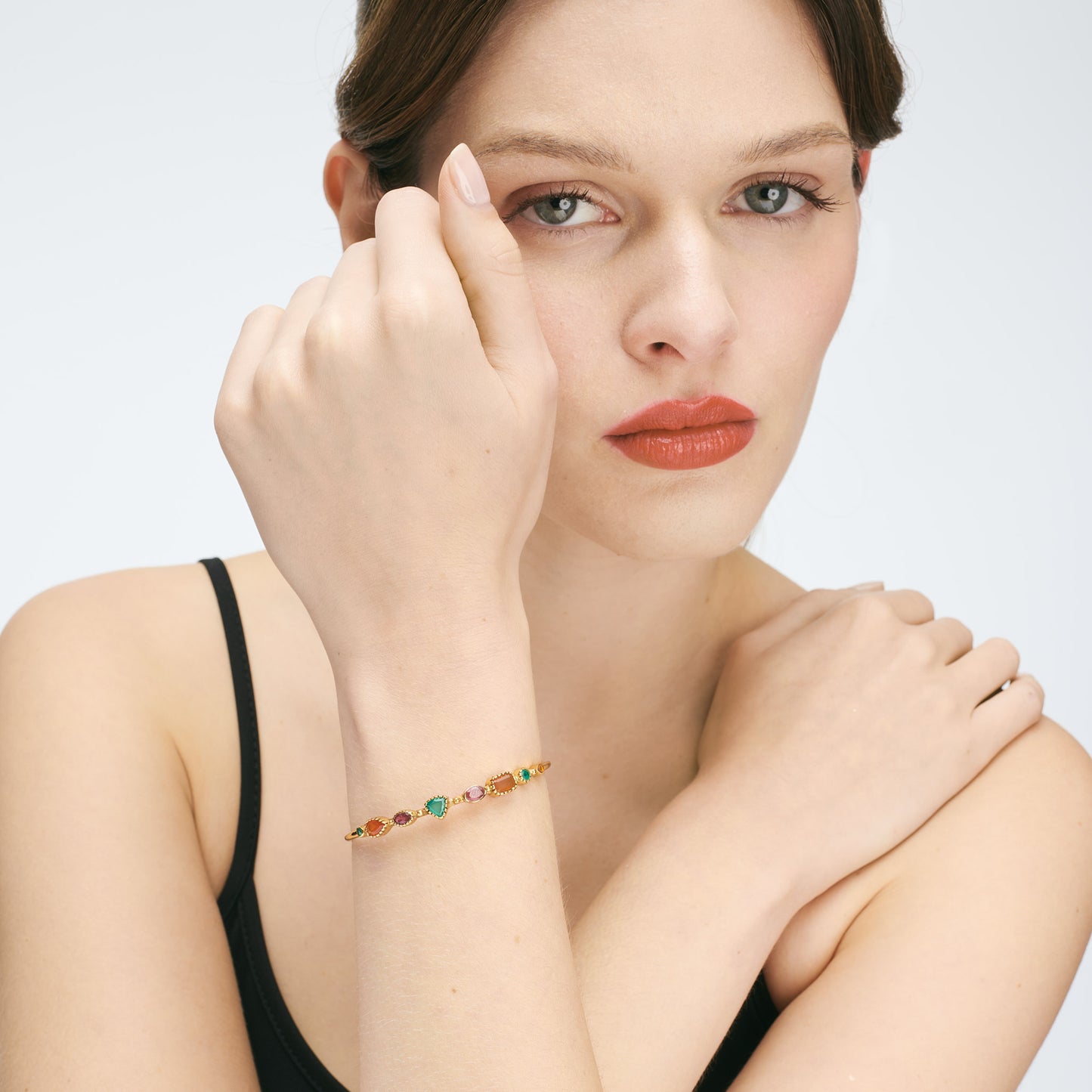 Bracelet Jonc Femme Pierres Fines Rubis rose/Onyx vert/Cornaline - Céleste